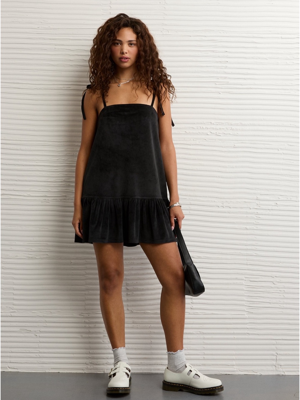 American Eagle Black Velvet Tie-Strap Mini Dress